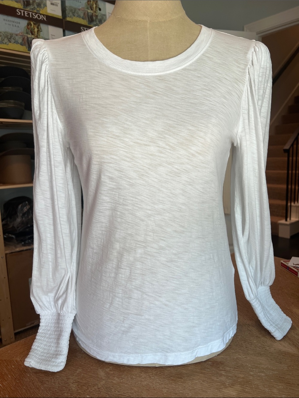 Long Sleeve Puff Sleeve White Cotton top from NATION- XS